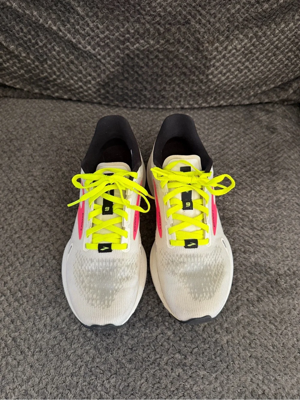 Brooks Women’s White Running Shoes with Neon Yellow Laces and Pink Accent